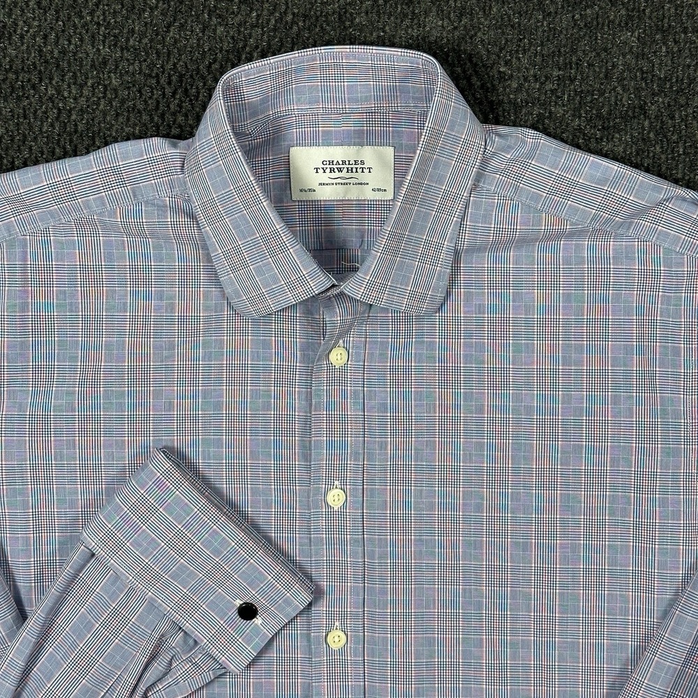 Charles Tyrwhitt Mens Dress Shirt 16.5 35 French Cuff Blue Red Glen Plaid